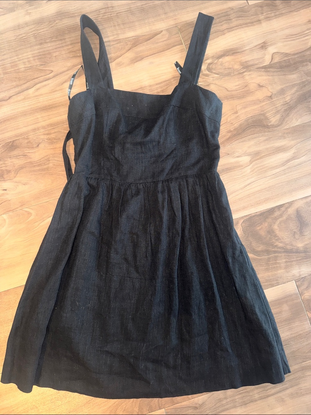 Kourt lace up back Black Linen Blend Square Neck Sundress